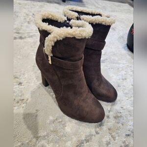 Brown Suede Ankle Boots with Faux Shearling Lining